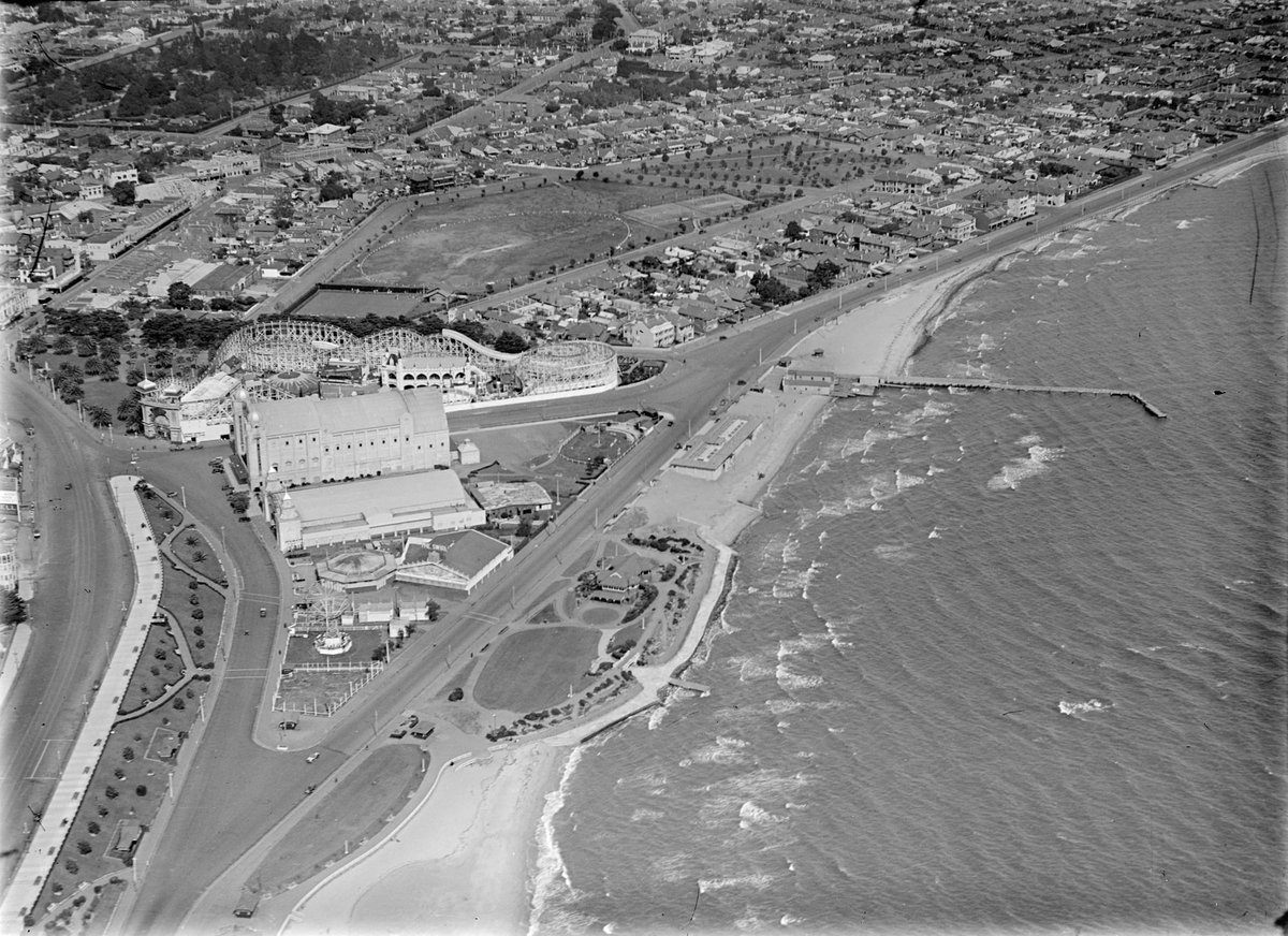 St. Kilda showing Luna Park, Palais Theatre, beach and Lower Esplanade, St Kilda (c. 1948)