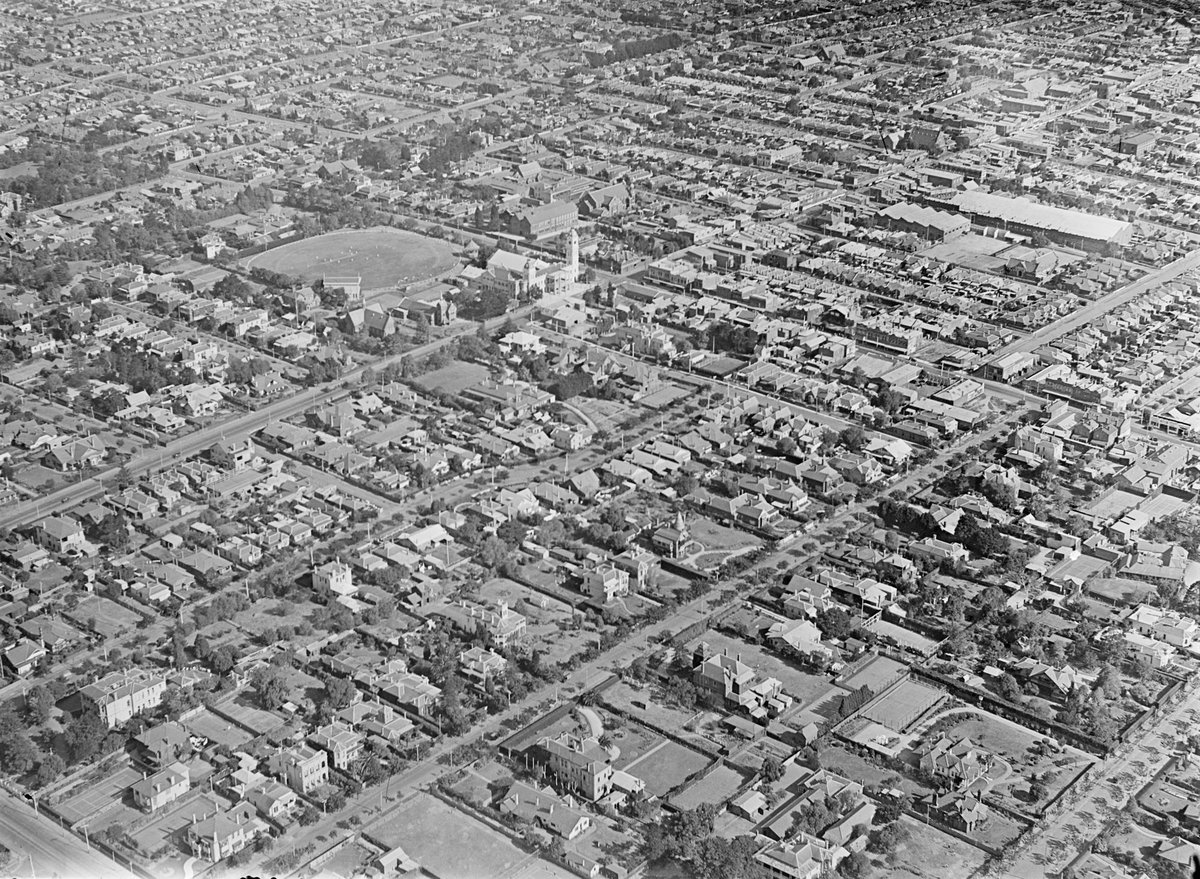 Aerial view of the Malvern area, Melbourne, including the Malvern Town Hall on the corner of Glenferrie and High Streets, and the Malvern Cricket Ground, Hawthorn (1920)