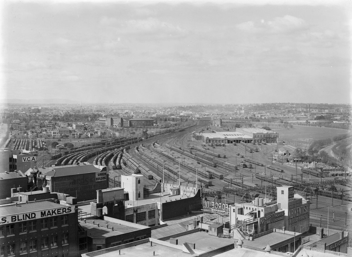 View looking east over Jolimont Railway Yard and Railway Workshop, Melbourne (1945–54)