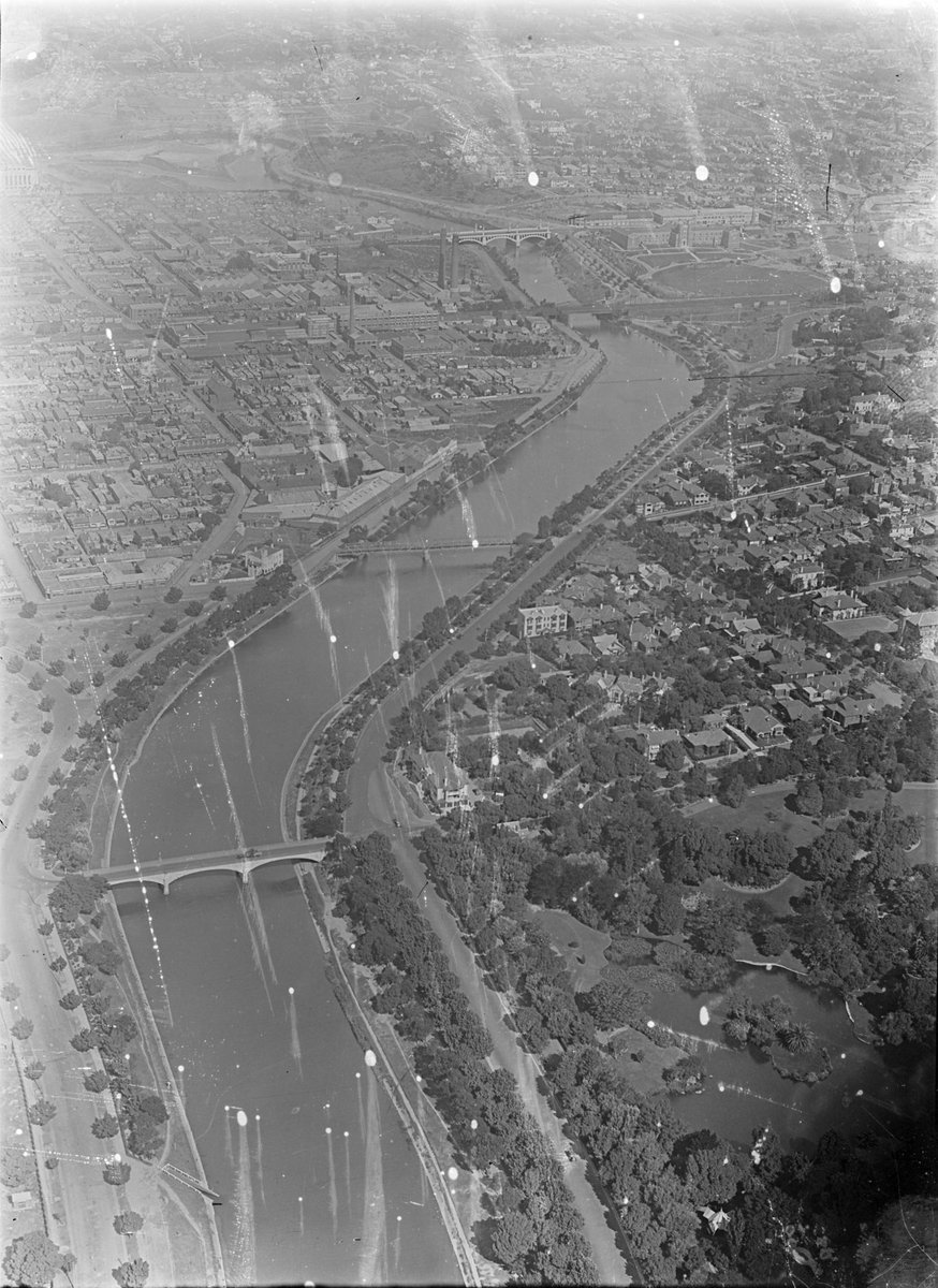 Yarra River looking south-east from above King's Domain, including Herring Island and Morell Bridge, Melbourne City (1925–40)