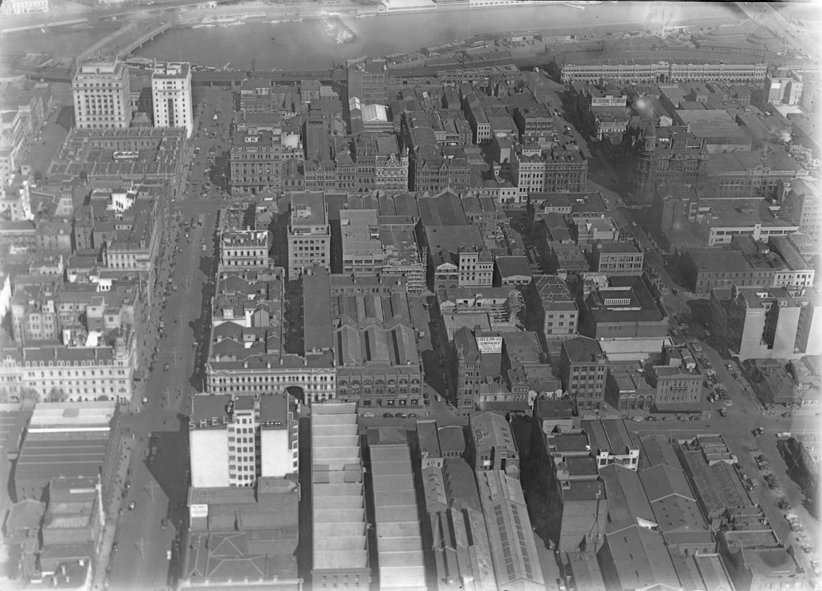 Looking towards Yarra River, possibly down William and King Streets, Melbourne City (c. 1948)