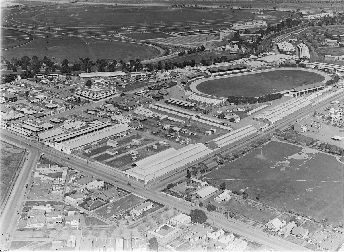 Royal Agricultural Society of Victoria Show Grounds at Ascot Vale with Flemington Racecourse in distance (1925–40)