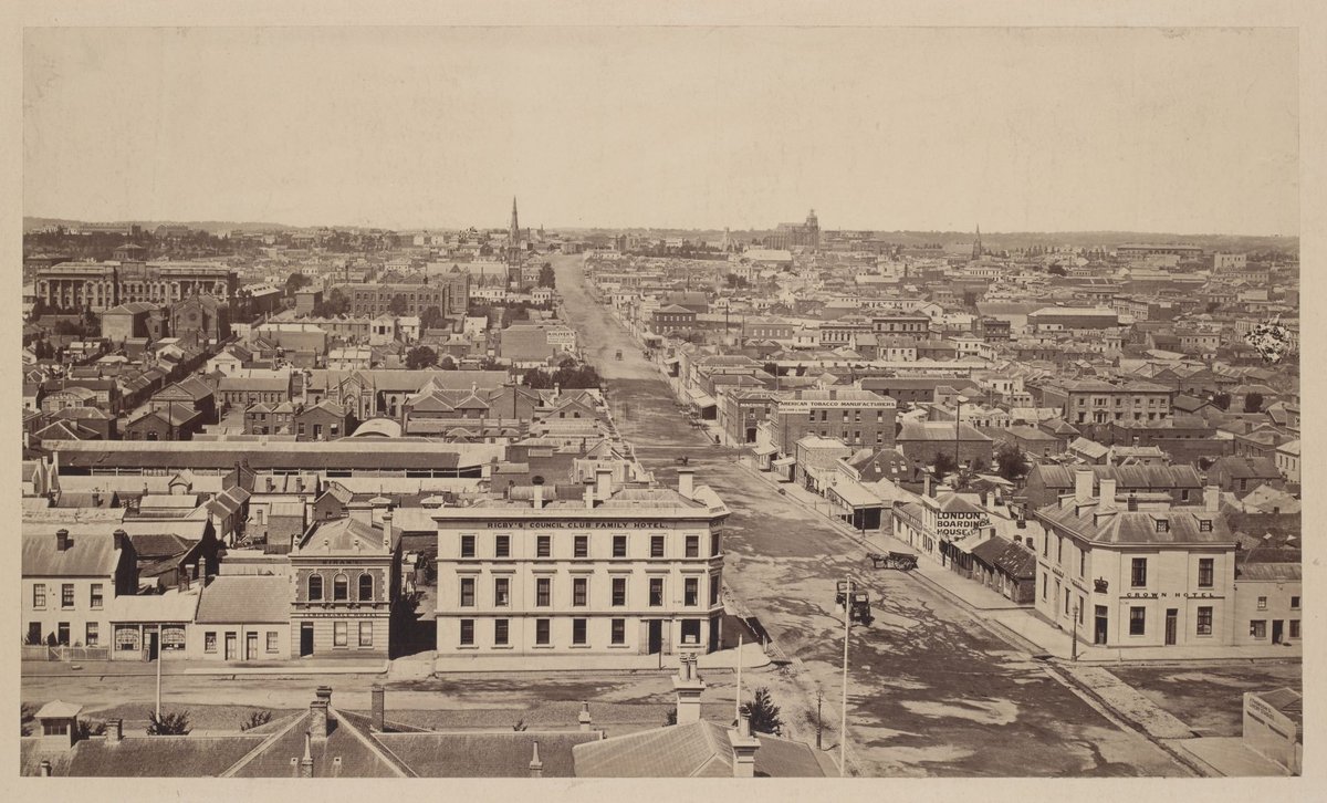 Looking east along Lonsdale St. from Queen St, Melbourne City (1869)