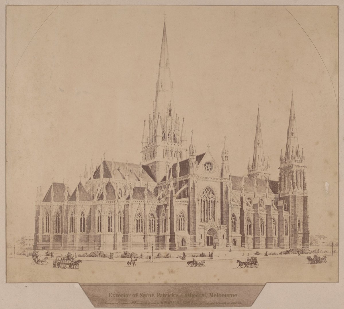 Exterior of Saint Patrick's Cathedral, Melbourne, East Melbourne (1860?)