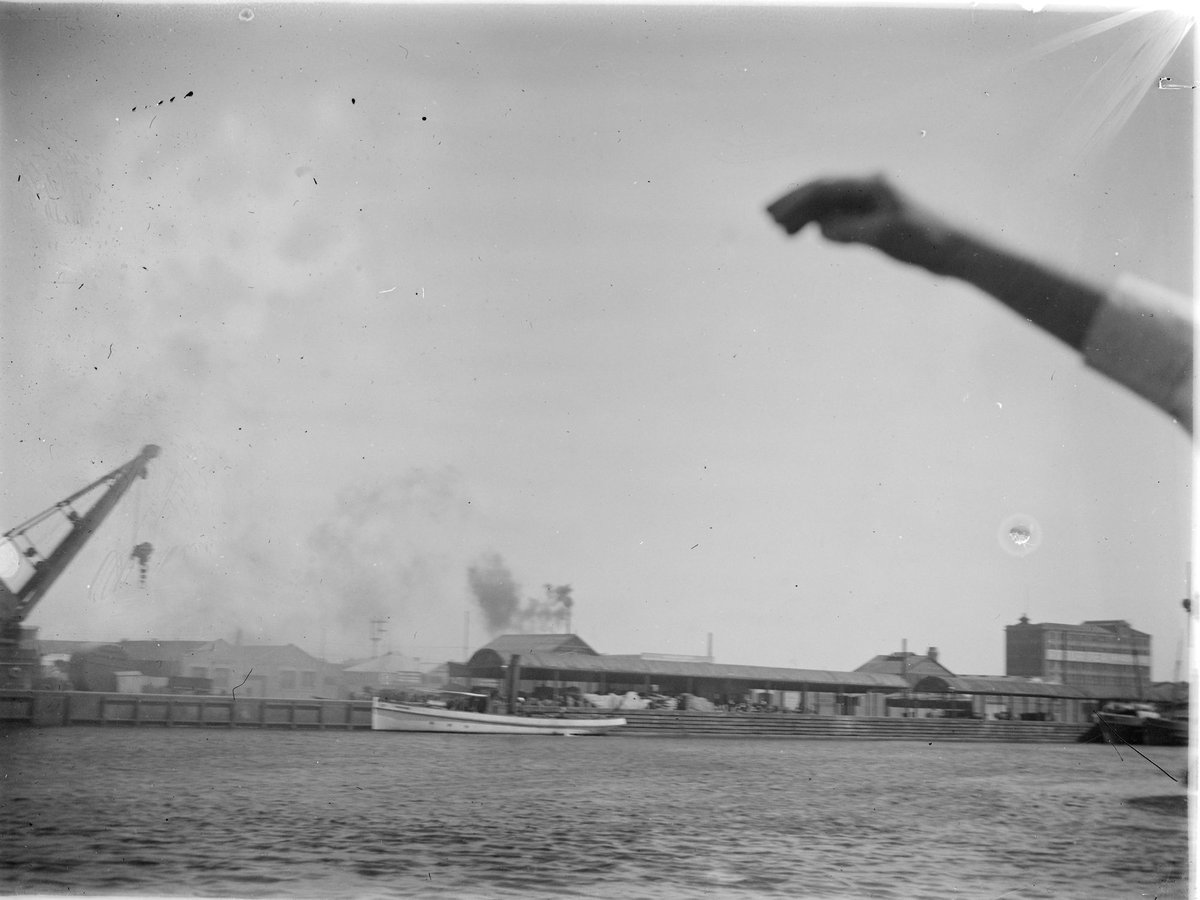 Yarra River scene with Harbour Trust boat, possibly "The Commissioner" (1900–20)