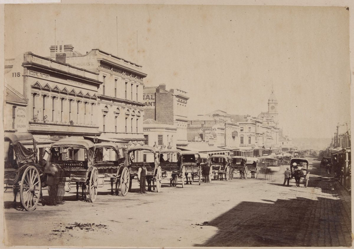 Carriages in Swanston Street, Melbourne, Melbourne City (c. 1880)