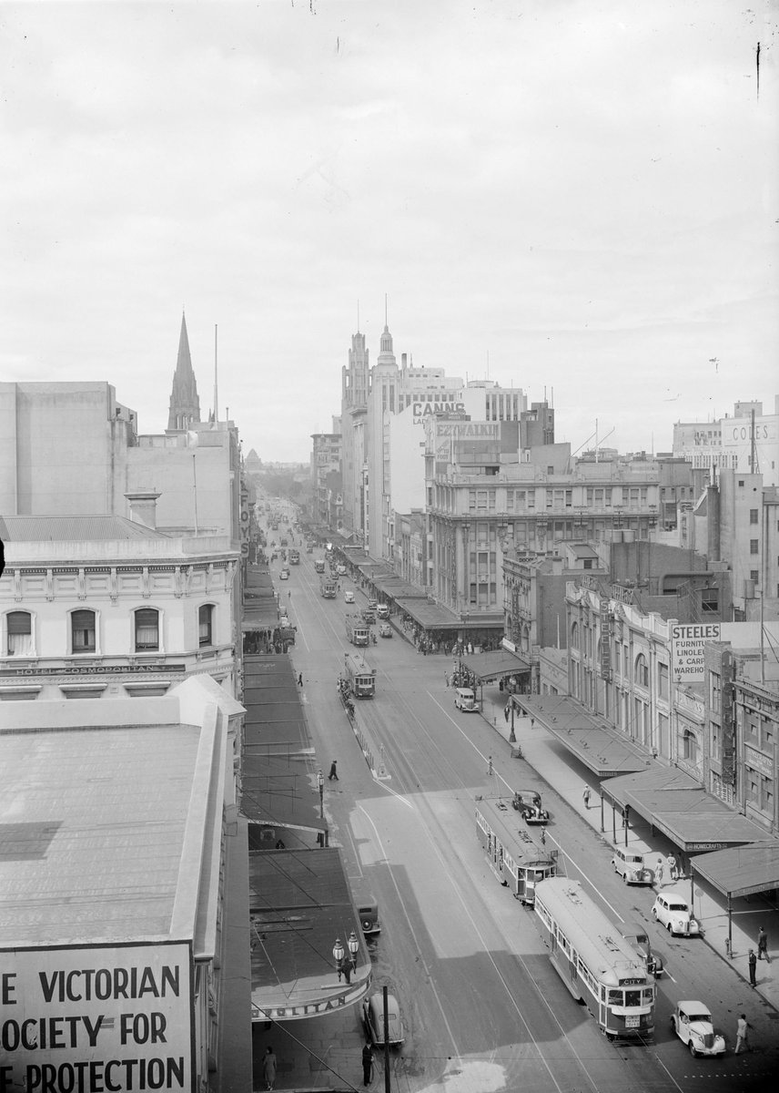 Swanston St. looking south from Lonsdale St, Melbourne City (c. 1940)