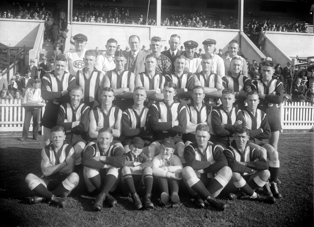 Brunswick Football Club in front of a grandstand (1936–37)
