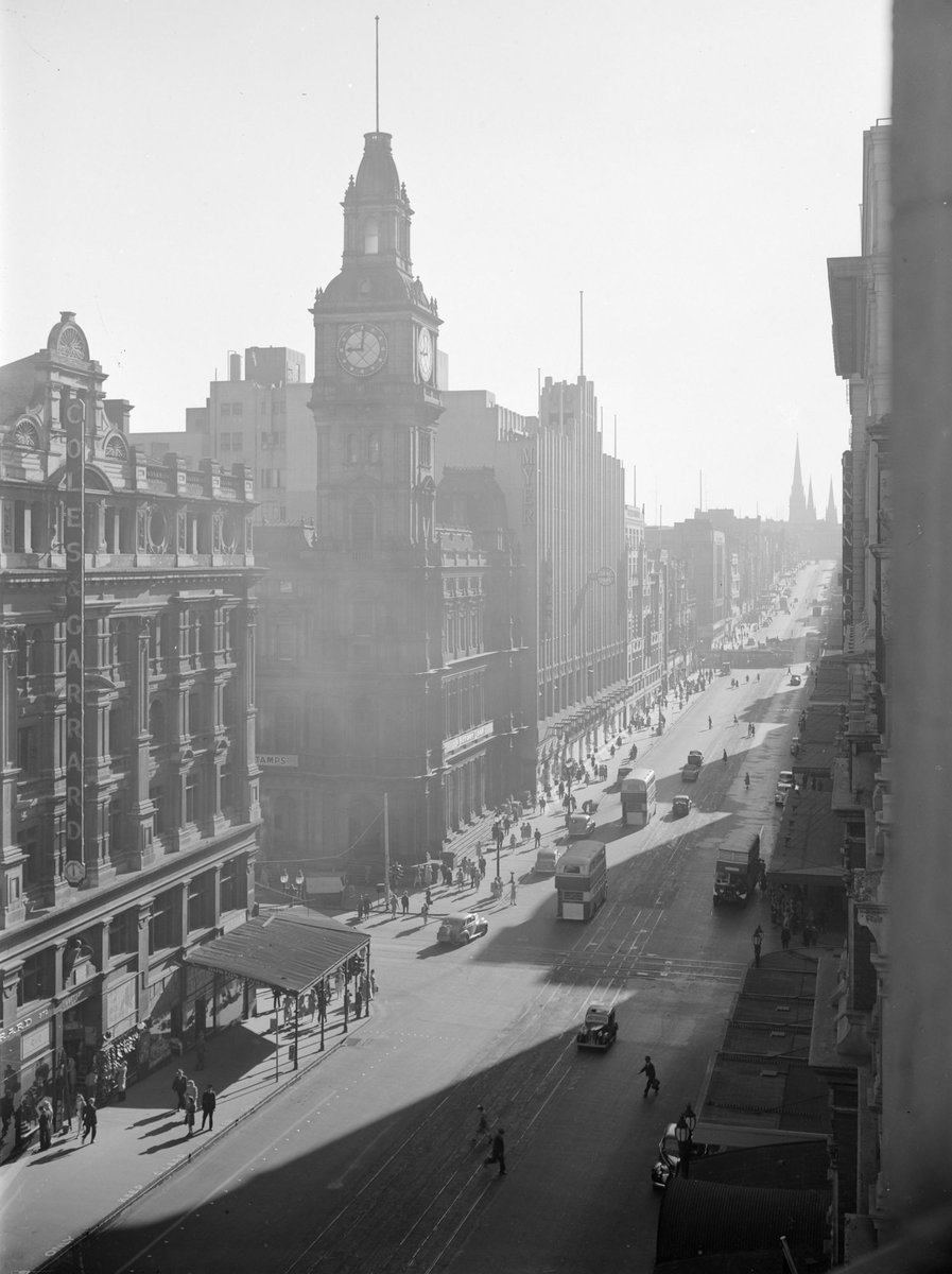 Bourke St., looking east from west of Elizabeth St, Melbourne City (c. 1940)