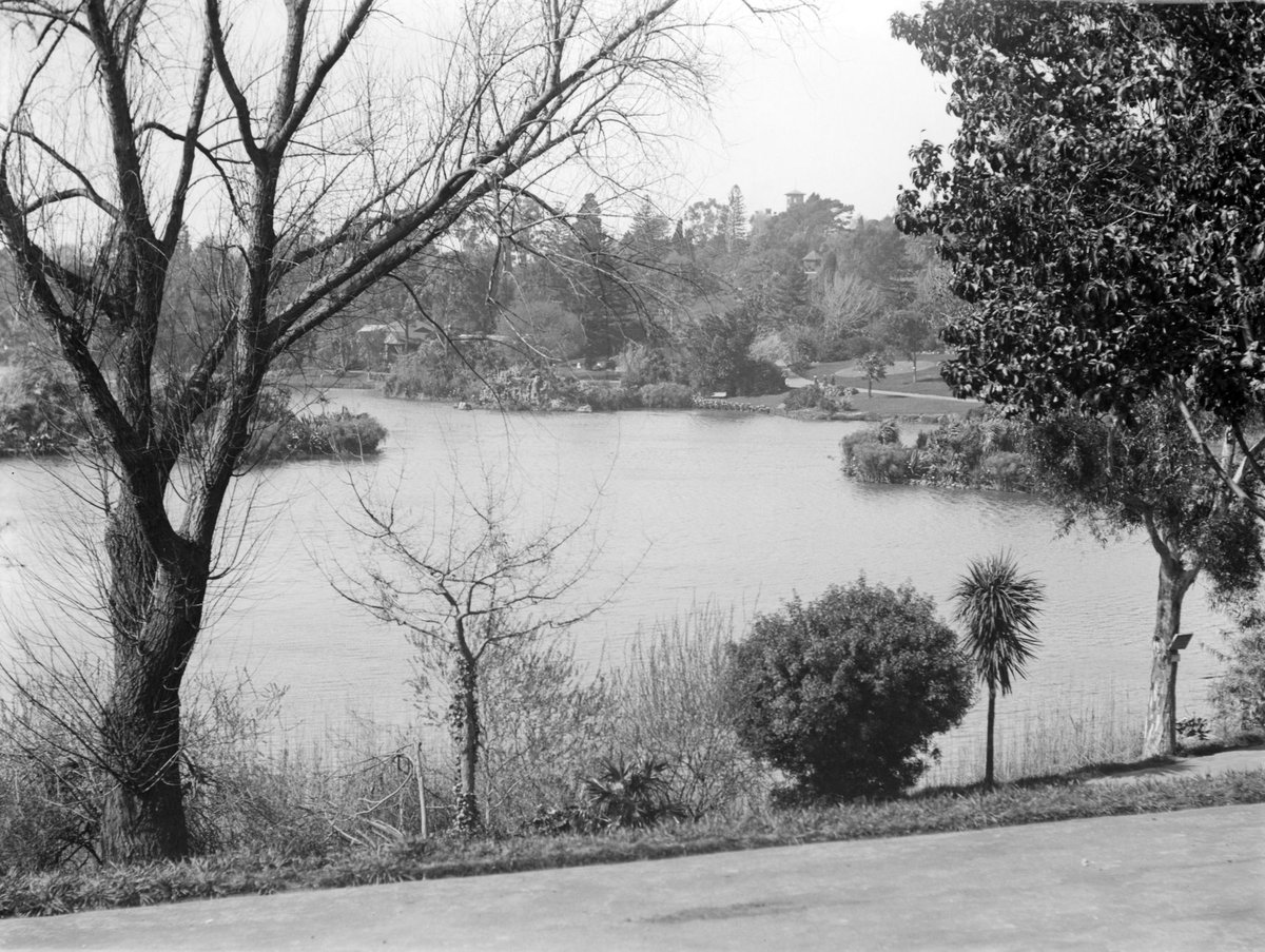 Melb. [i.e., Melbourne] Botanical Gardens - View of Lake, Melbourne City (1900)