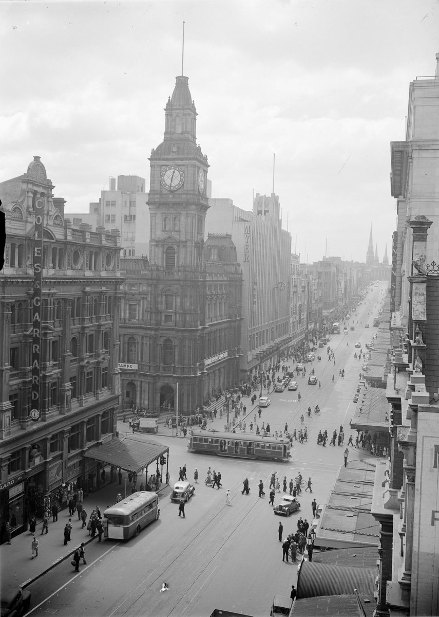 Bourke St., looking east from west of Elizabeth St, Melbourne City (c. 1940)