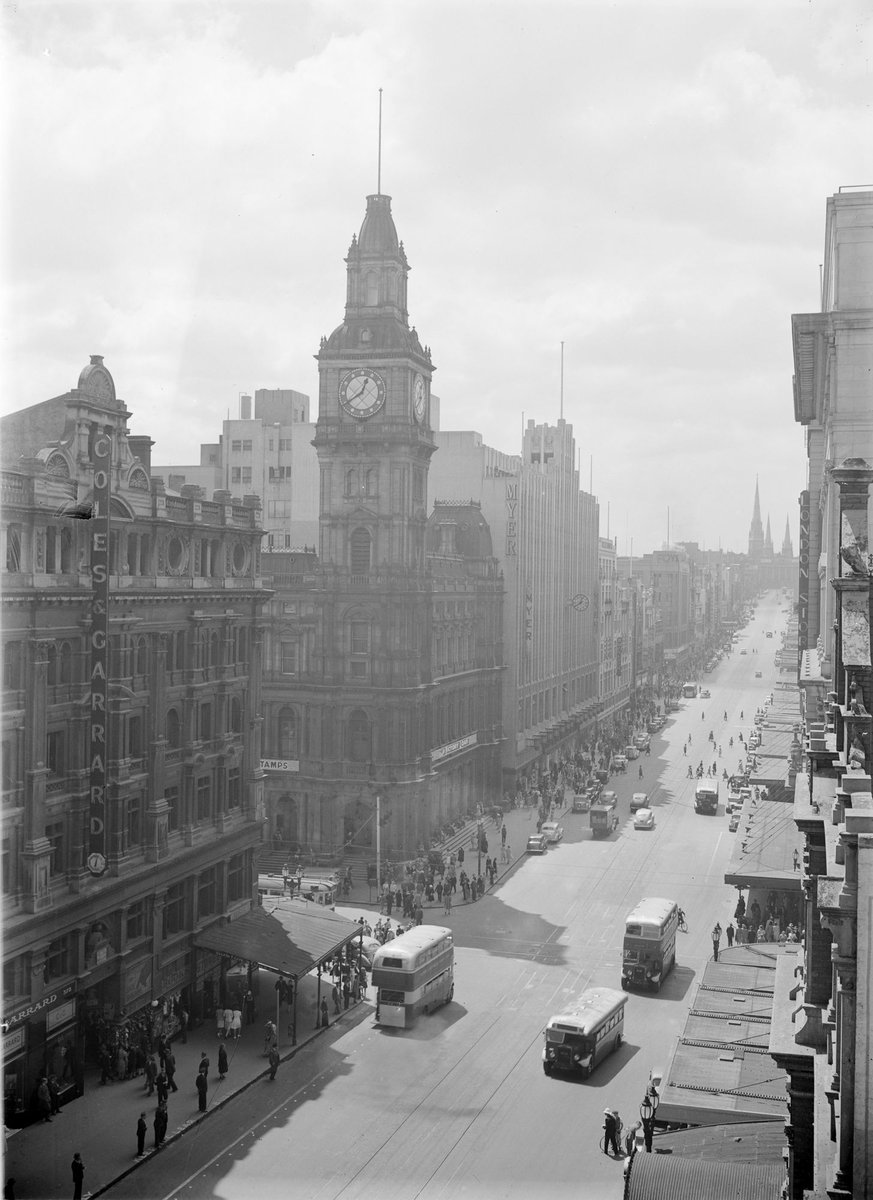 Bourke St., looking east from west of Elizabeth St, Melbourne City (c. 1940)