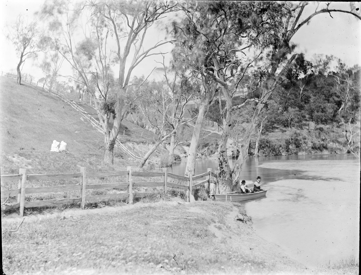 Men fishing, girls in bonnets on hill, possibly at the Yarra, Kew (1890–1910)