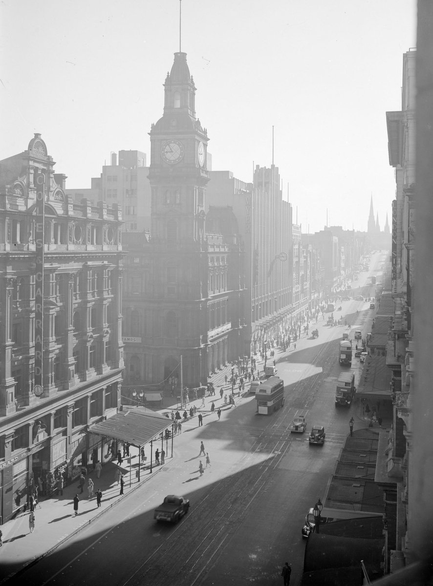 Bourke St., looking east from west of Elizabeth St, Melbourne City (c. 1940)