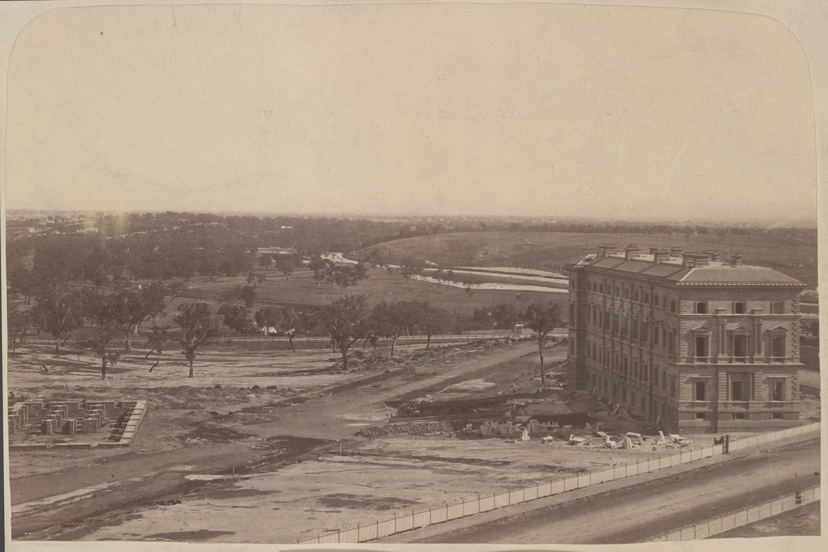 Police Reserve, Jolimont, showing the new Treasury Building being erected East Melbourne, Melbourne City (1872)