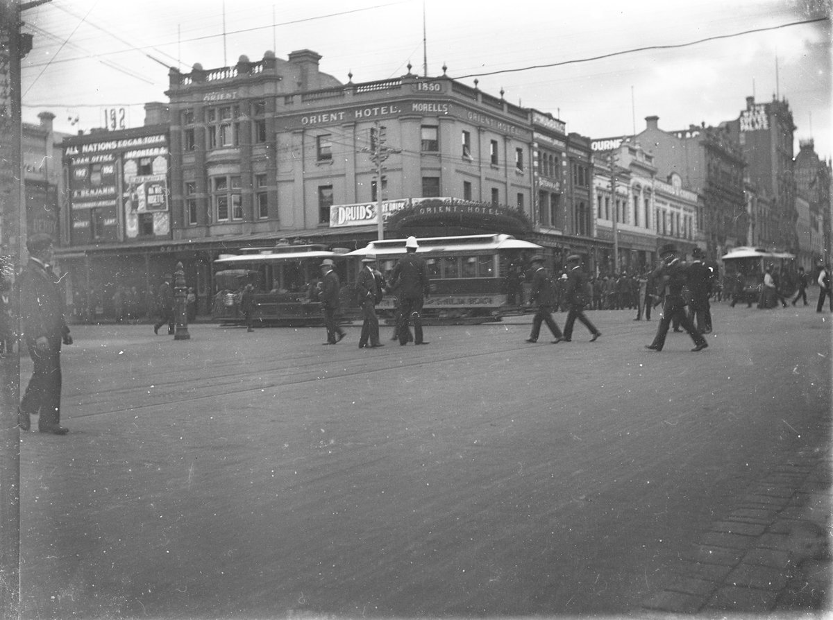 Swanston & Bourke Street corner showing the Orient Hotel, Melbourne City (c. 1910)
