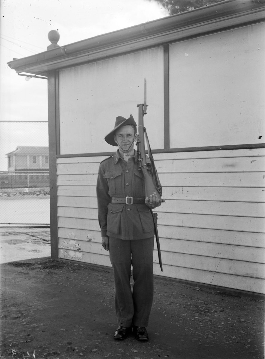 Australian soldier standing at attention, Dandenong Camp (c. 1941)