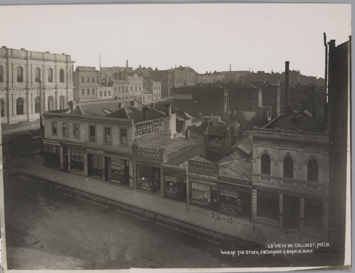 Old view in Collins St., Melb. where the Stock Exchange & bank is built, Melbourne City (1933)