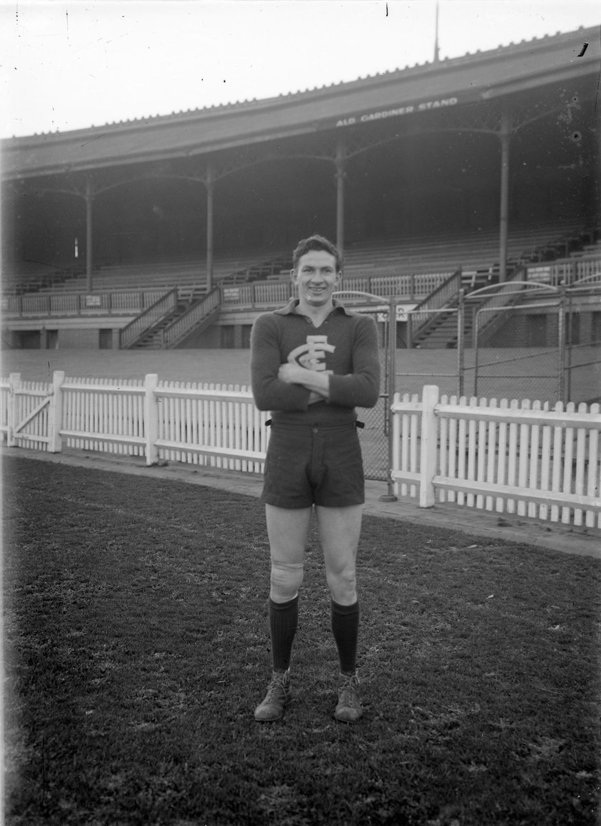 Carlton Football Club player Jim (Bones) Baird on oval, Carlton North (1940–50)