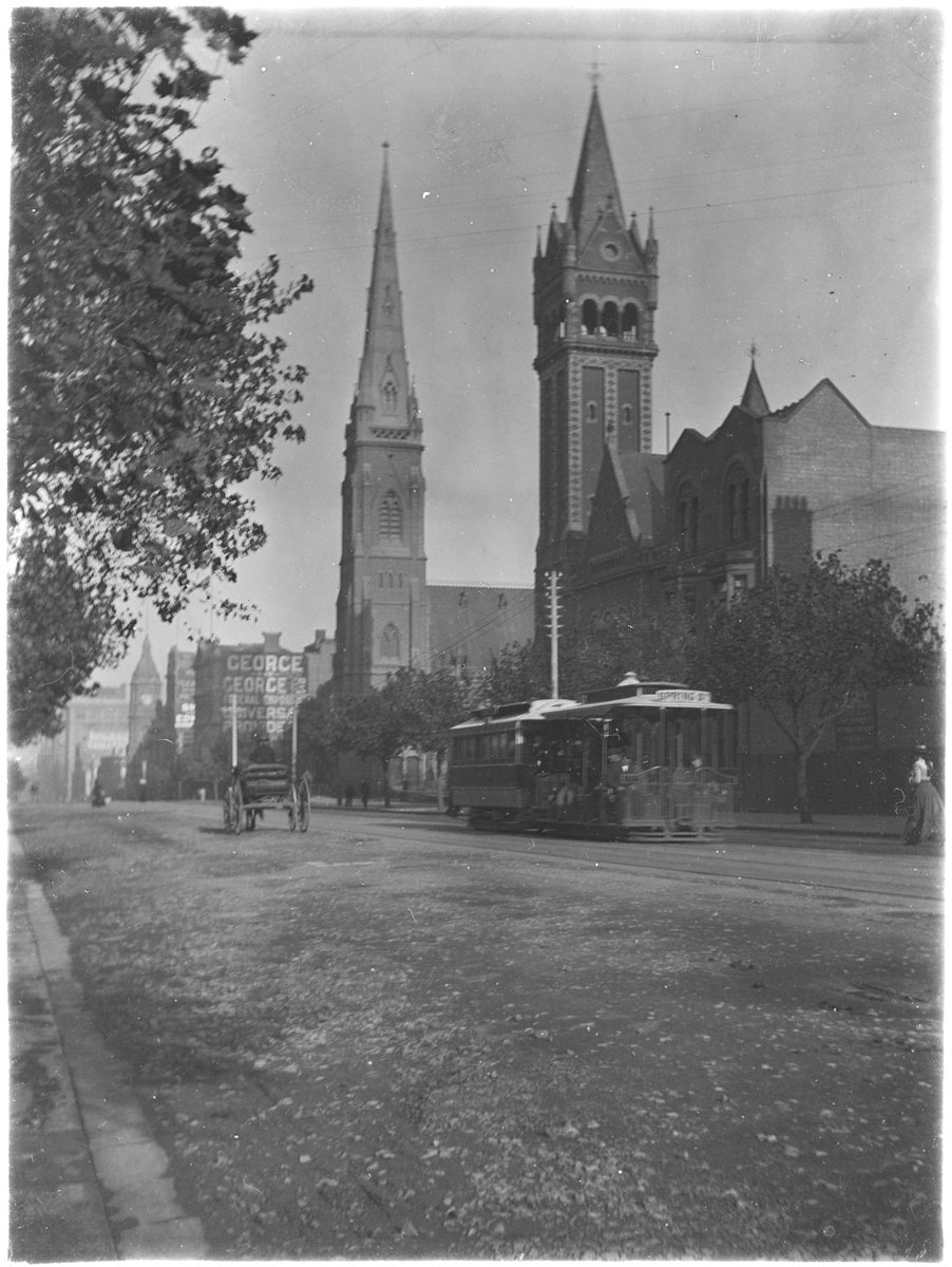 Collins Street looking East showing Scots' Church and the Independent Church, Melbourne City (c. 1910)
