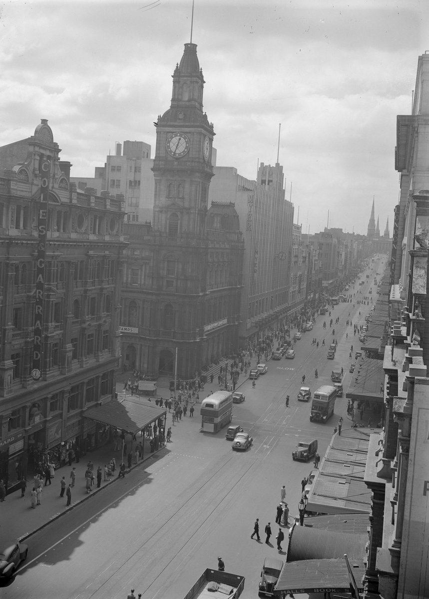Bourke St., looking east from west of Elizabeth St, Melbourne City (c. 1940)