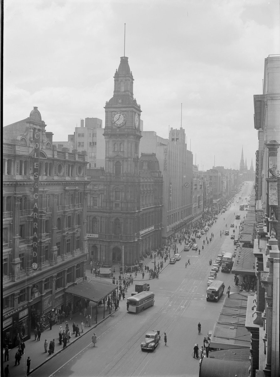 Bourke St., looking east from west of Elizabeth St, Melbourne City (c. 1940)