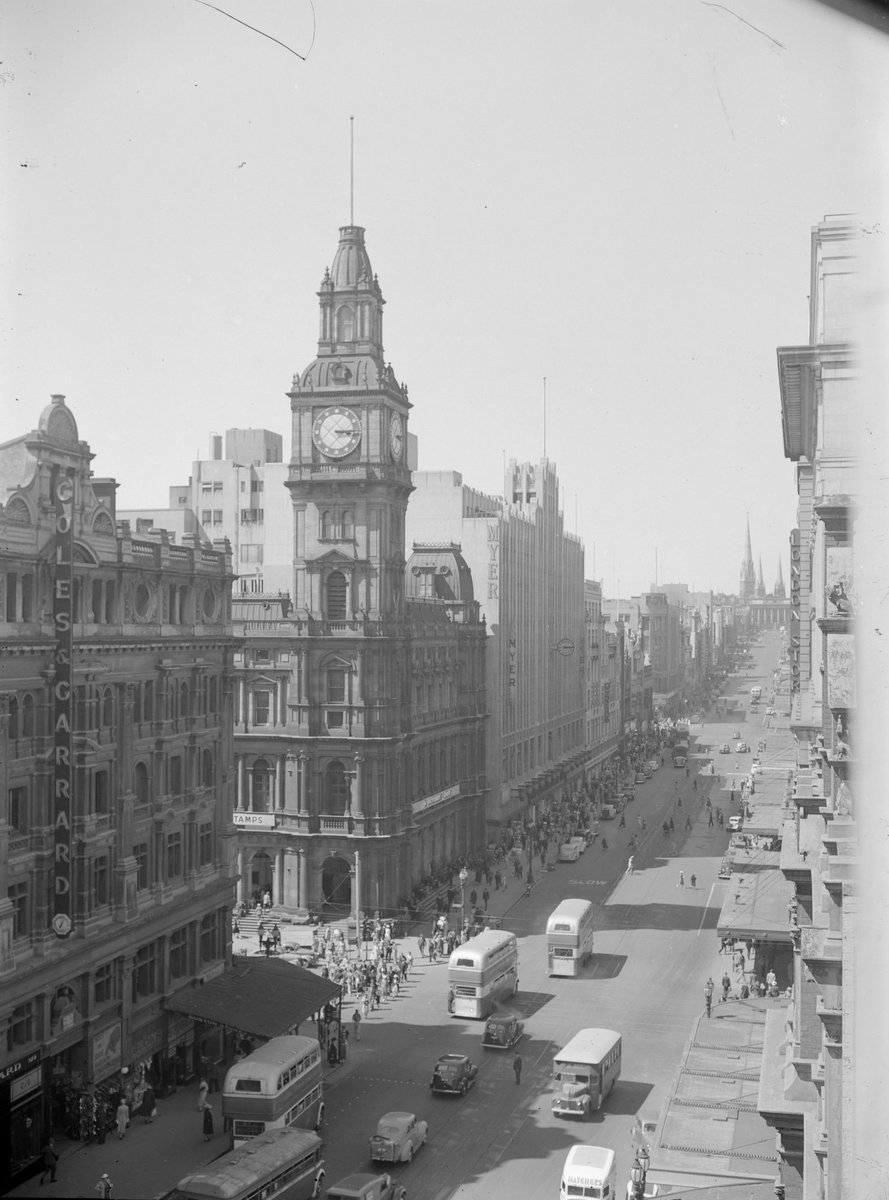 Bourke St., looking east from west of Elizabeth St, Melbourne City (c. 1940)