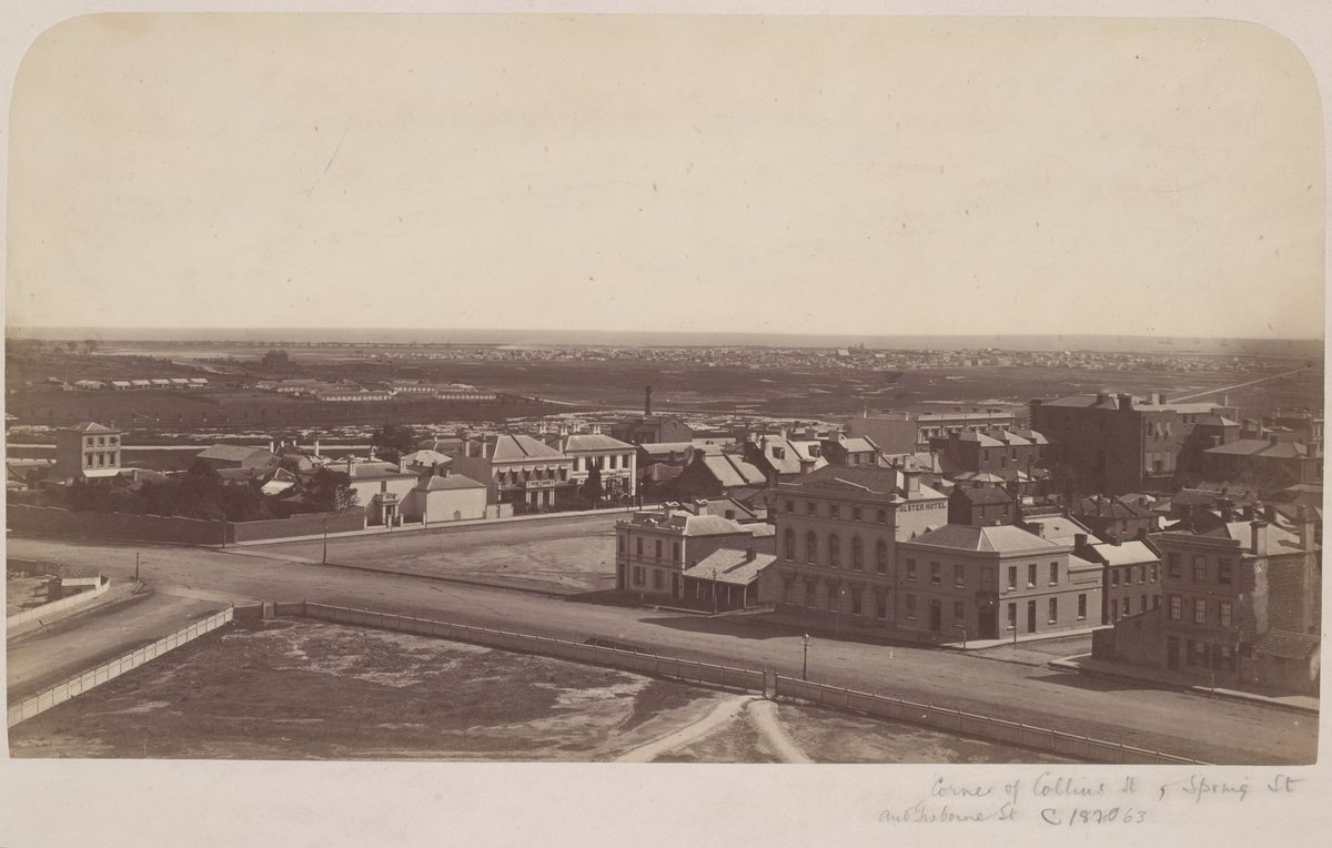 Melbourne at the corner of Spring and Collins Street, Melbourne City (c. 1870)