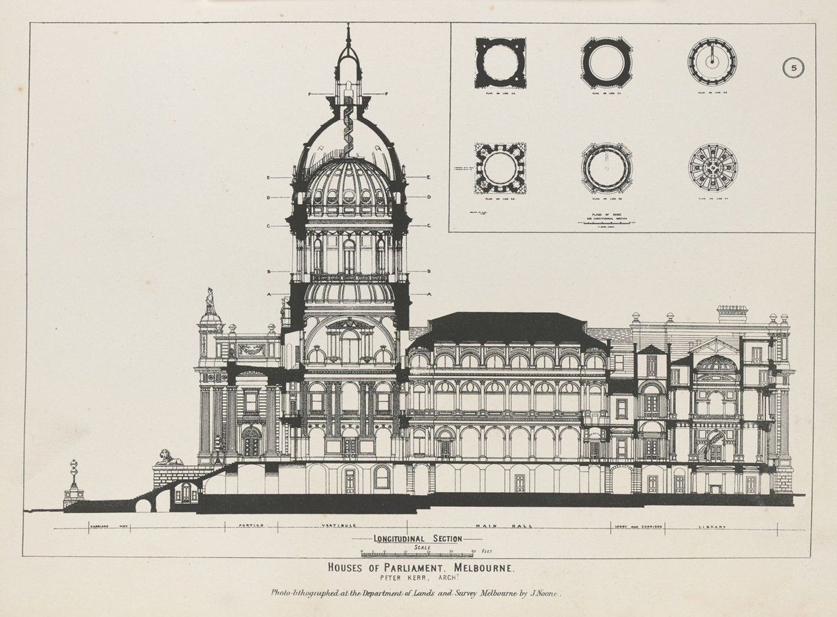 Plan of principal floor ; and, Longitudinal Section, Houses of Parliament, Melbourne, East Melbourne (1886)
