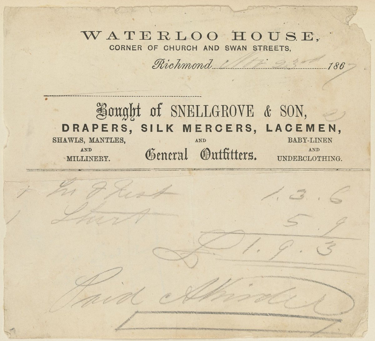 Waterloo House, corner of Church and Swan Streets, Richmond, November 23rd, 1867, bought of Snellgrove & Son