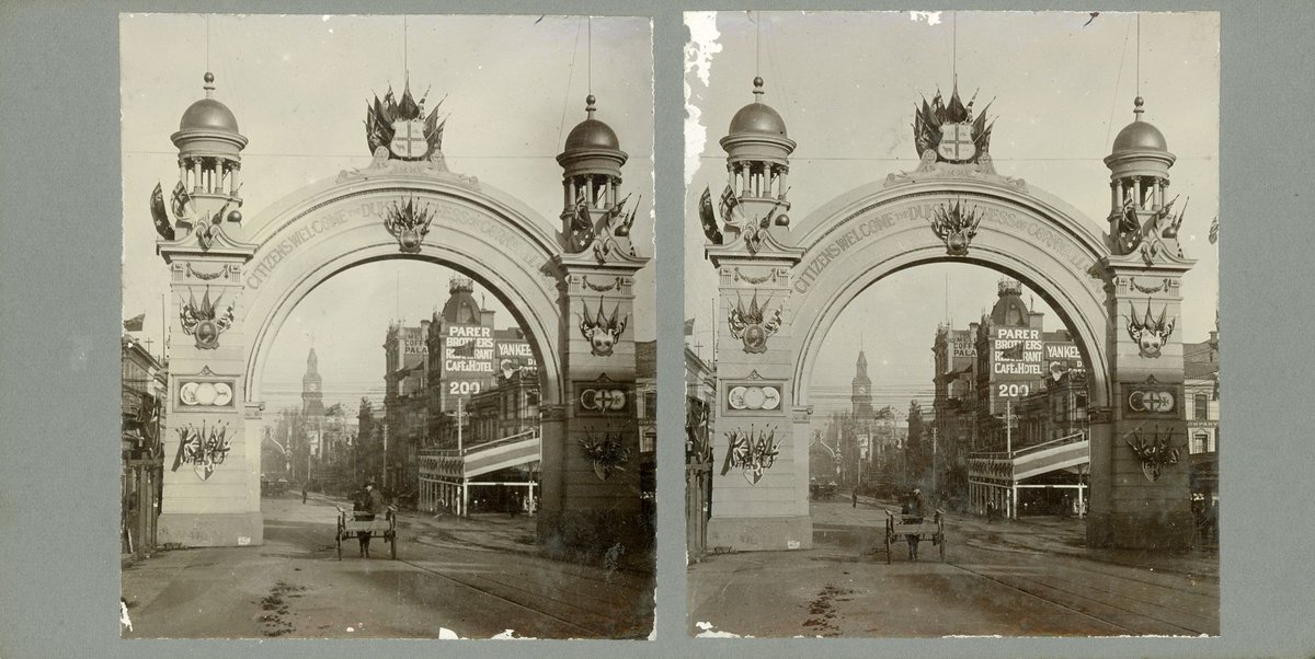 Triumphal arches celebrating the visit of the Duke and Duchess of Cornwall, Melbourne, Vic (1901)
