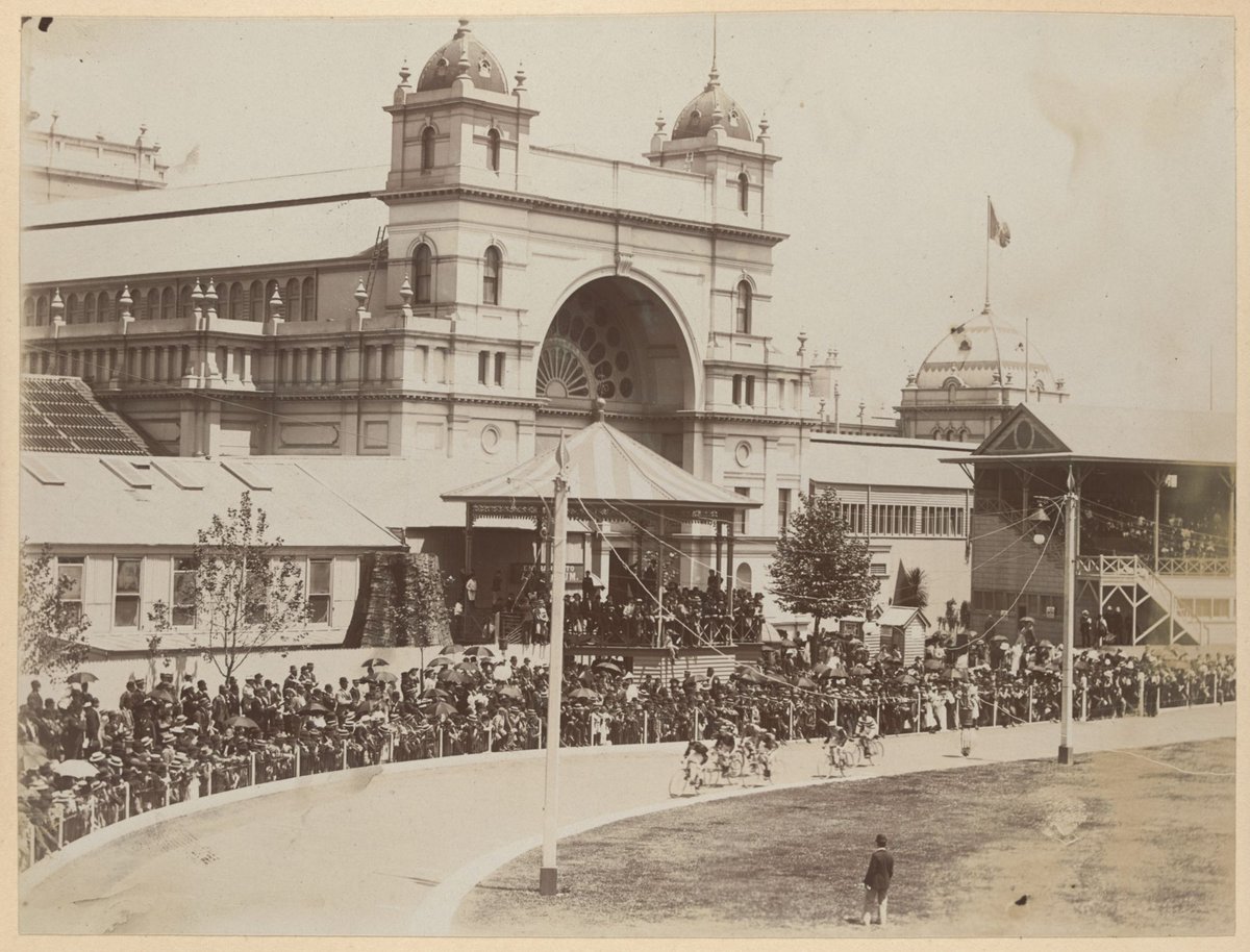 Bicycle race outside the Royal Exhibition Building, Melbourne, Carlton (1885–90)