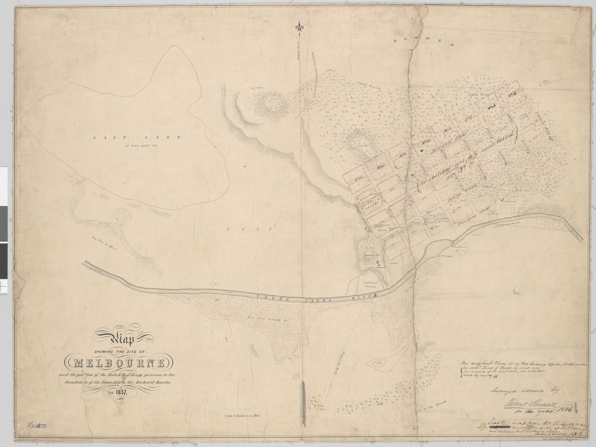Map shewing the site of Melbourne and the position of the huts & buildings previous to the foundation of the township by Sir Richard Bourke in 1837 (1800–99)