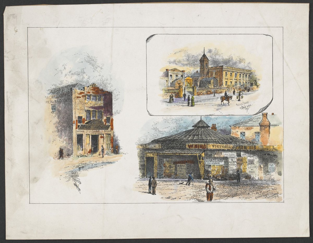 Public buildings and theatres in early Melbourne, Melbourne City (1880?)