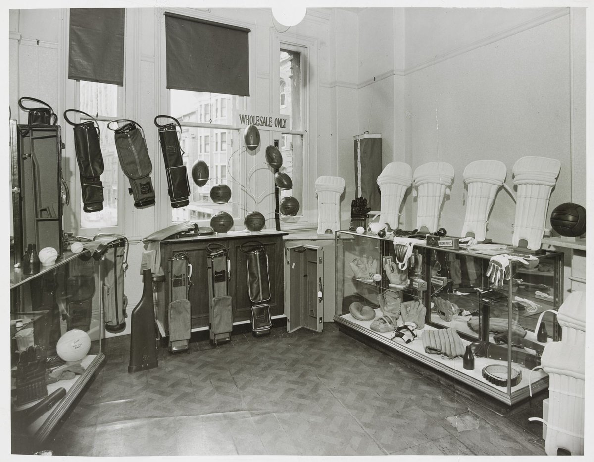 [Sporting goods on display at Nutting & Young wholesale distribution office in Melbourne city centre] (1940–54)