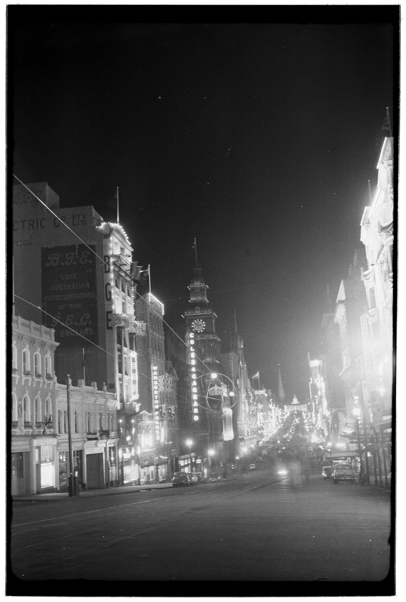 Melbourne streets illuminated for the 1954 Royal Visit