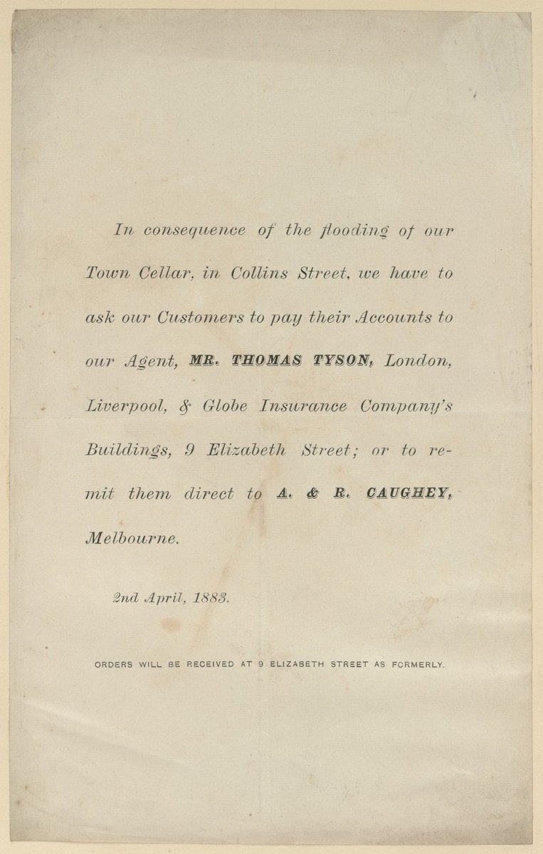 Notice to customers of Town Cellar, in Collins Street, Melbourne City (1883)