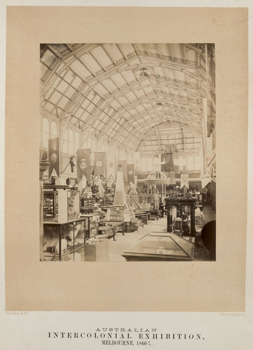 Interior of the Exhibition building, showing exhibits of Melbourne companies and businesses, Carlton (1866–67)