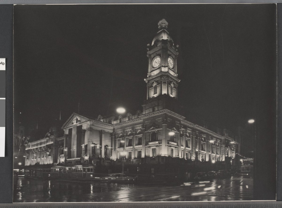 Melbourne Town Hall at night, Melbourne City (c. 1954)
