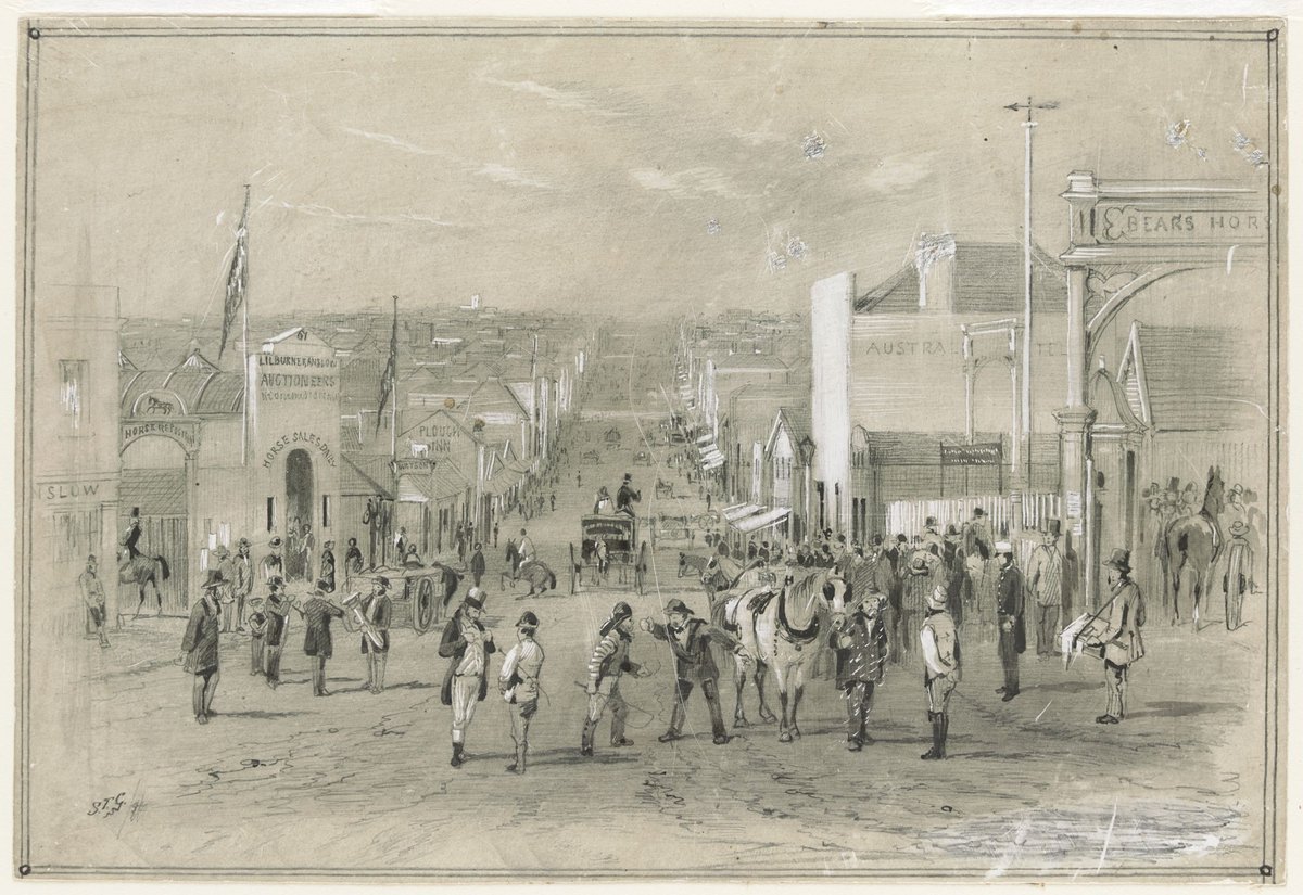 Great Bourke Street, looking East from Queen Street, Melbourne City (1857)