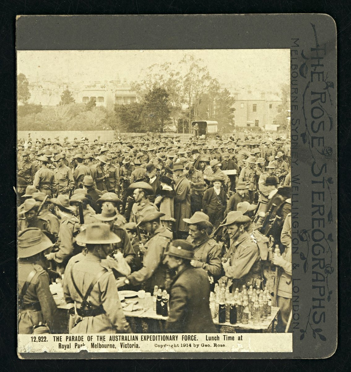 The Parade of the Australian Expeditionary Force - lunch time at Royal Park, Melbourne, Victoria, Parkville (1914)
