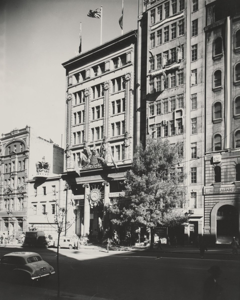 Commonwealth Bank in Collins Street decorated for the Royal visit, Melbourne City (1954)
