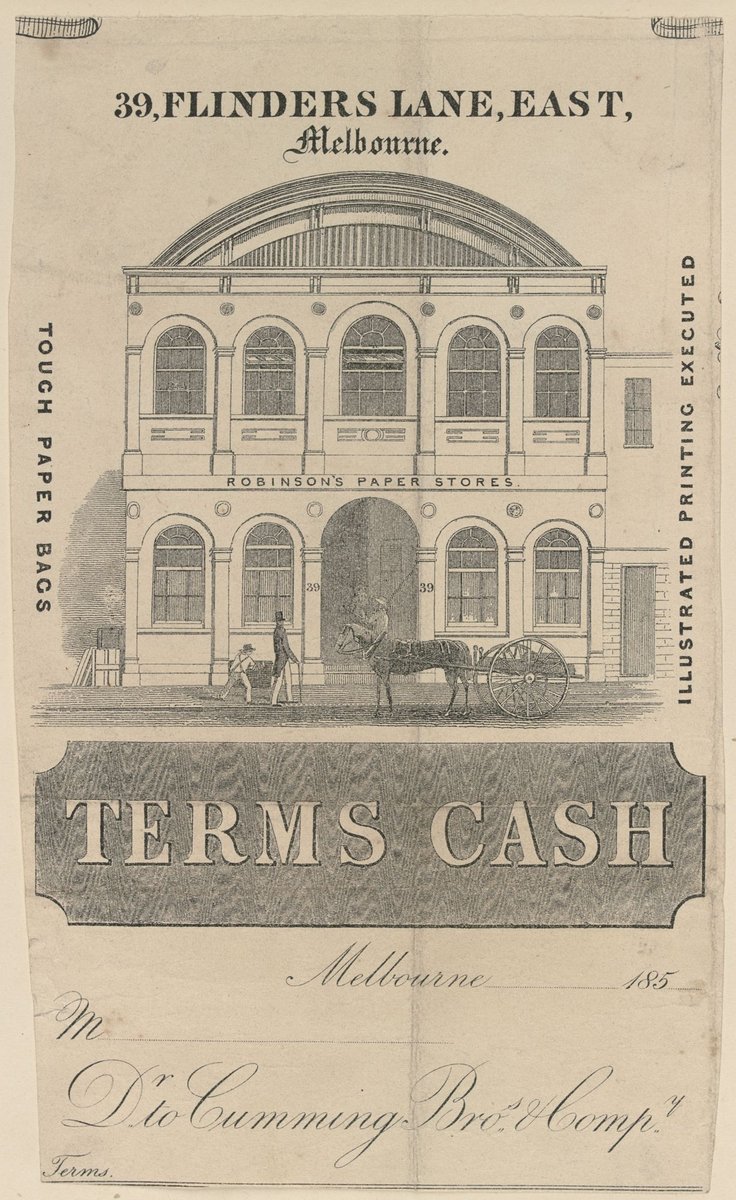 Invoice, Dr. to Cumming Bros. and Co., 39 Flinders Lane East, Melbourne, terms cash, Melbourne City (1851–85)