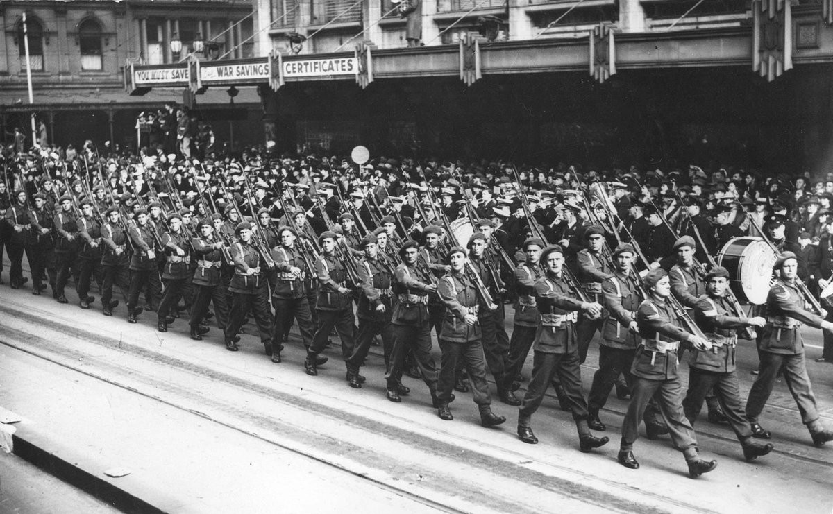 A.I.F. soldiers of the 9th Division in Swanston Street, during a march in Melbourne, 1943, Melbourne City