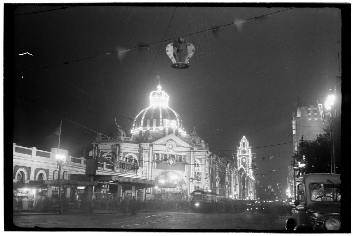 Melbourne streets illuminated for the 1954 Royal Visit