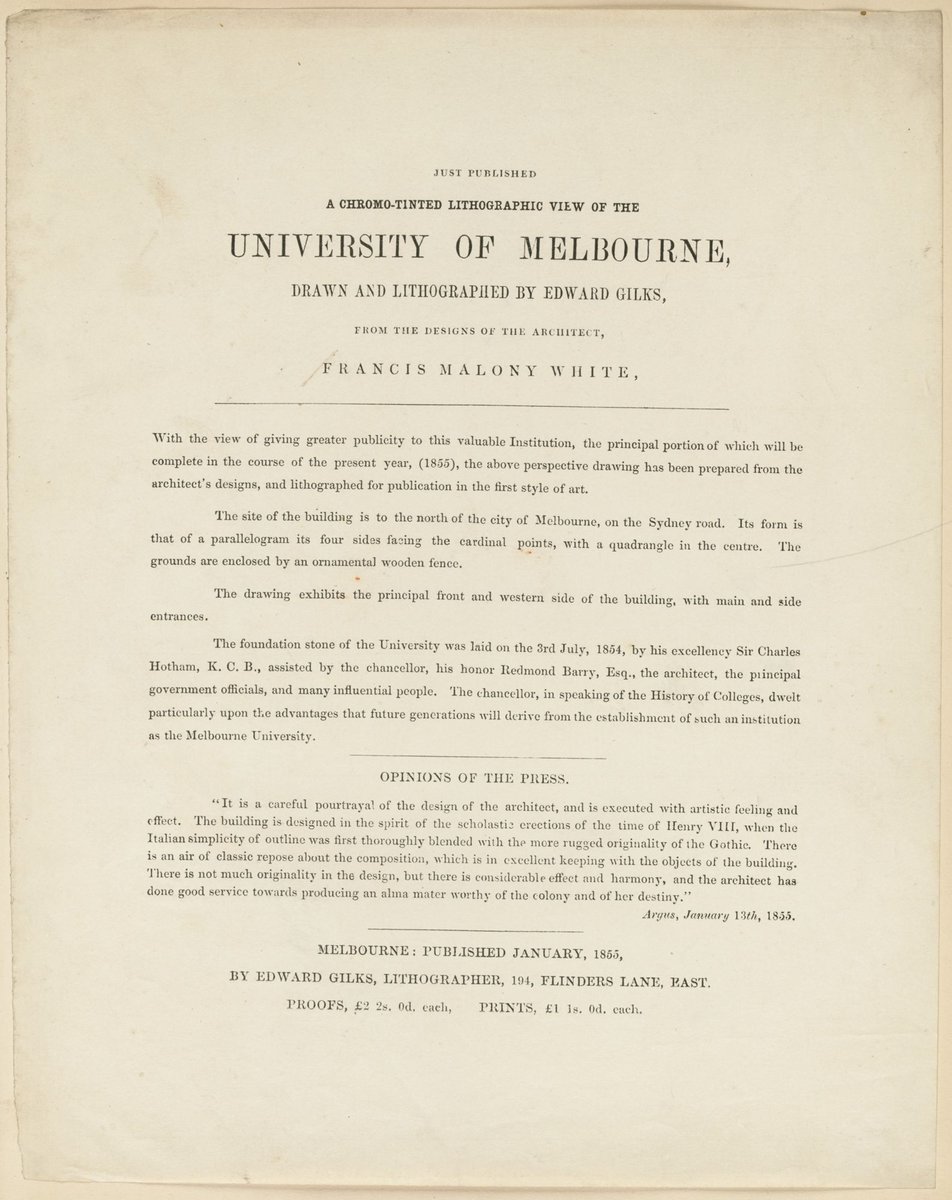 Just published, a chromo-tinted lithographic view of the University of Melbourne, drawn and lithographed by Edward Gilks, from the deisgns of the architect, Francis Malony White, Parkville (1851–85)