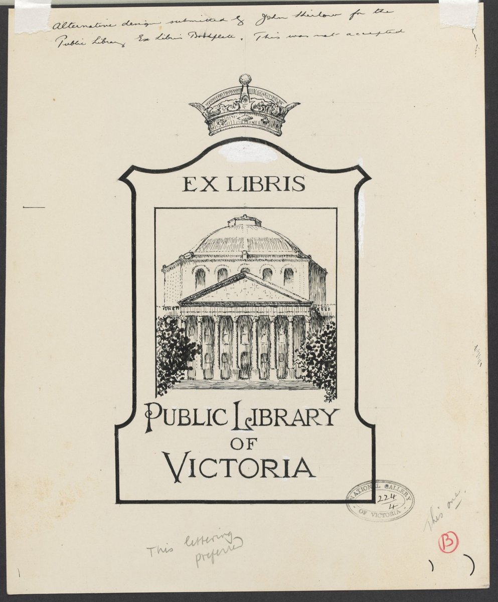 Bookplates for Melbourne Public Library designed and drawn by John Shirlow, Melbourne City (1935)