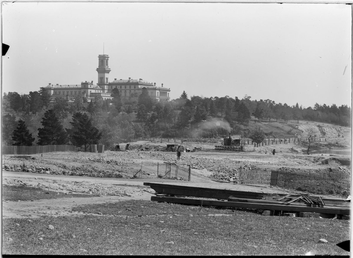 Government House, Melbourne, with dredging of Yarra River in foreground, Melbourne City (1890–1910)