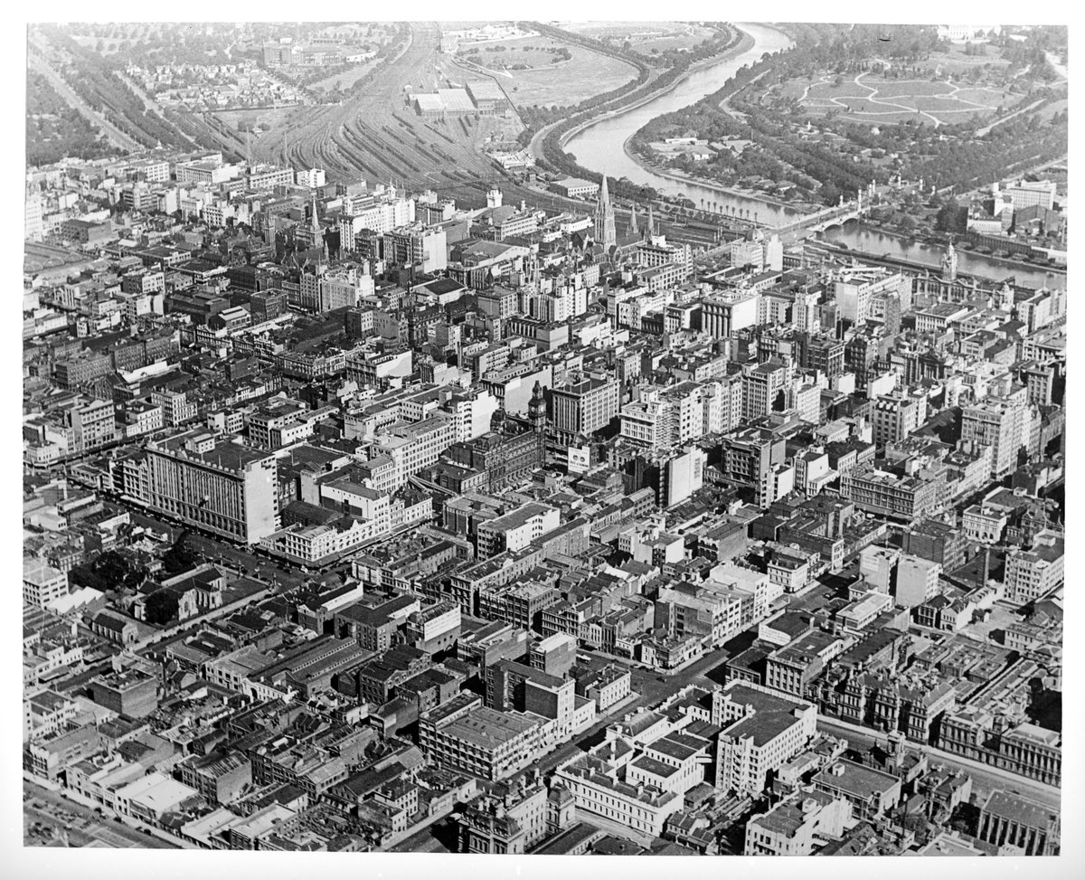 Aerial view of Melbourne looking south east from above the corner of Lonsdale and Elizabeth Streets, Melbourne City (1935–36)