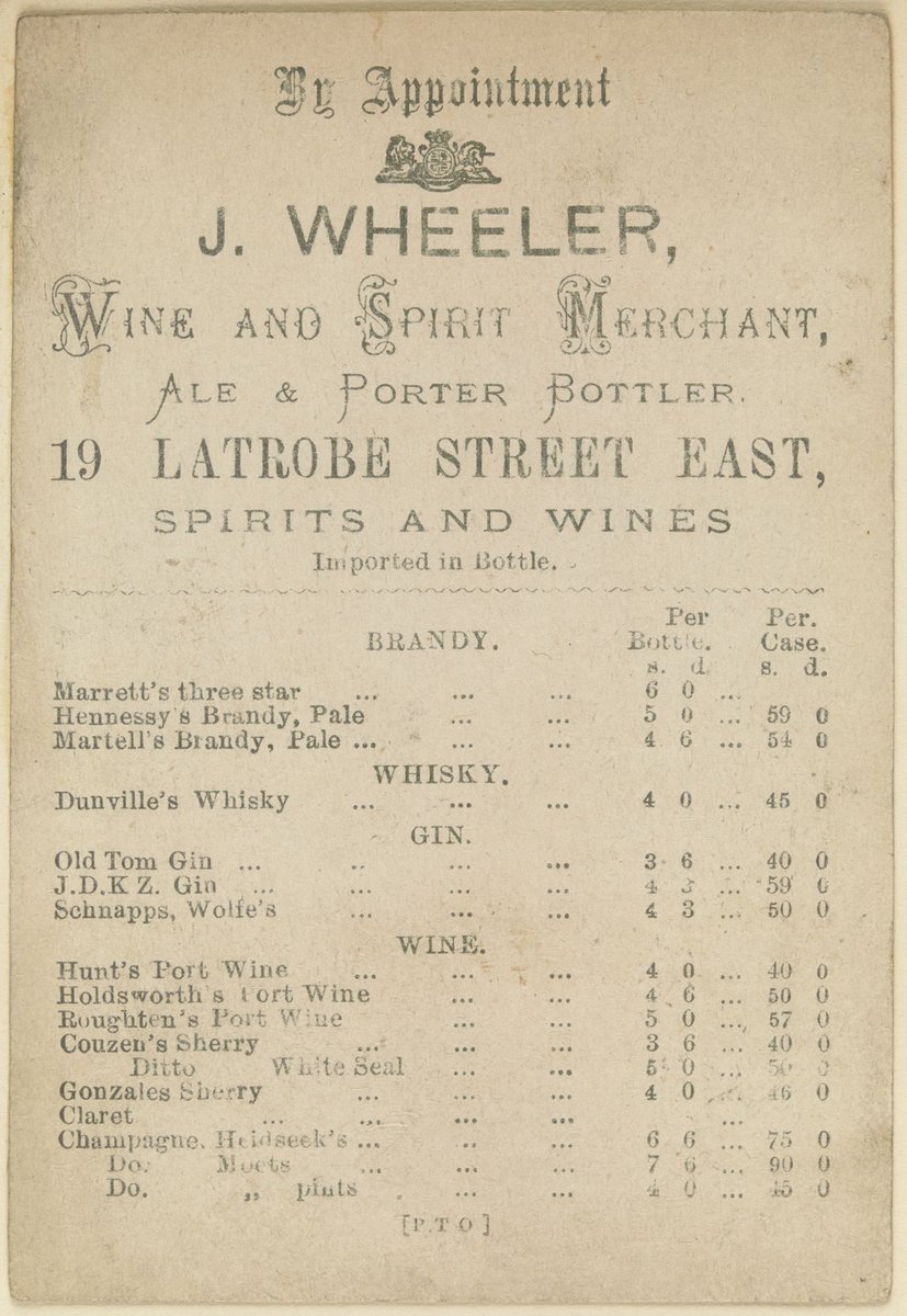 By appointment J. Wheeler, wine and spirit merchant, ale and porter bottler, 19 Latrobe Street East, spirits and wines imported in bottle, Melbourne City (1851–85)